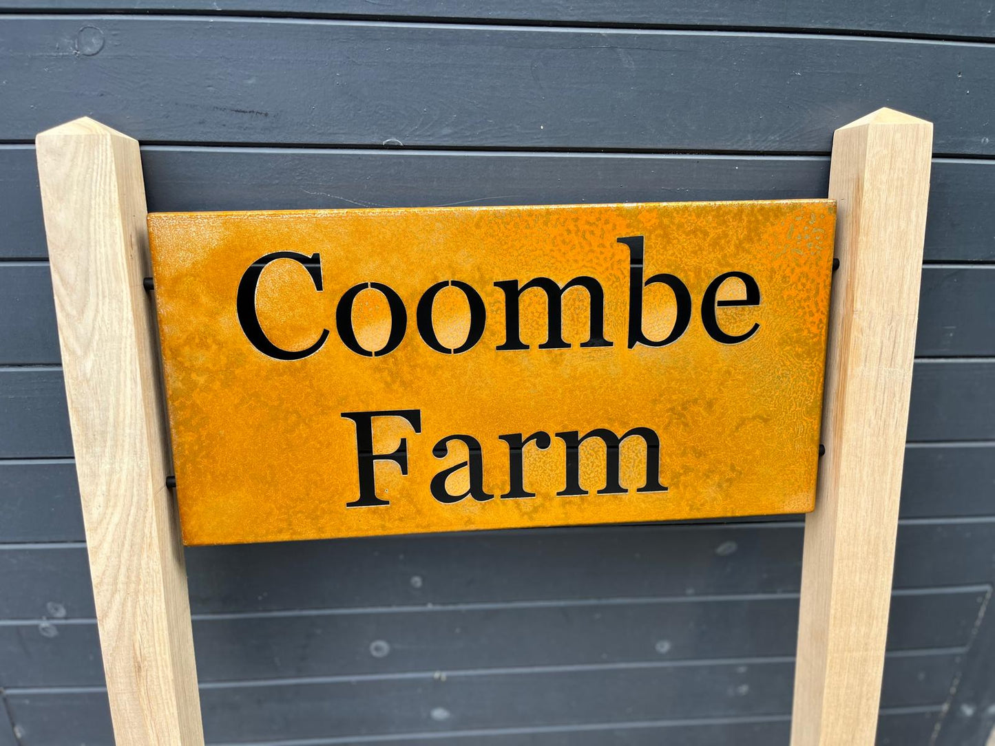 Corten Steel House Address Company Business Name Sign Oak posts Plaque 200mm - 600mm
