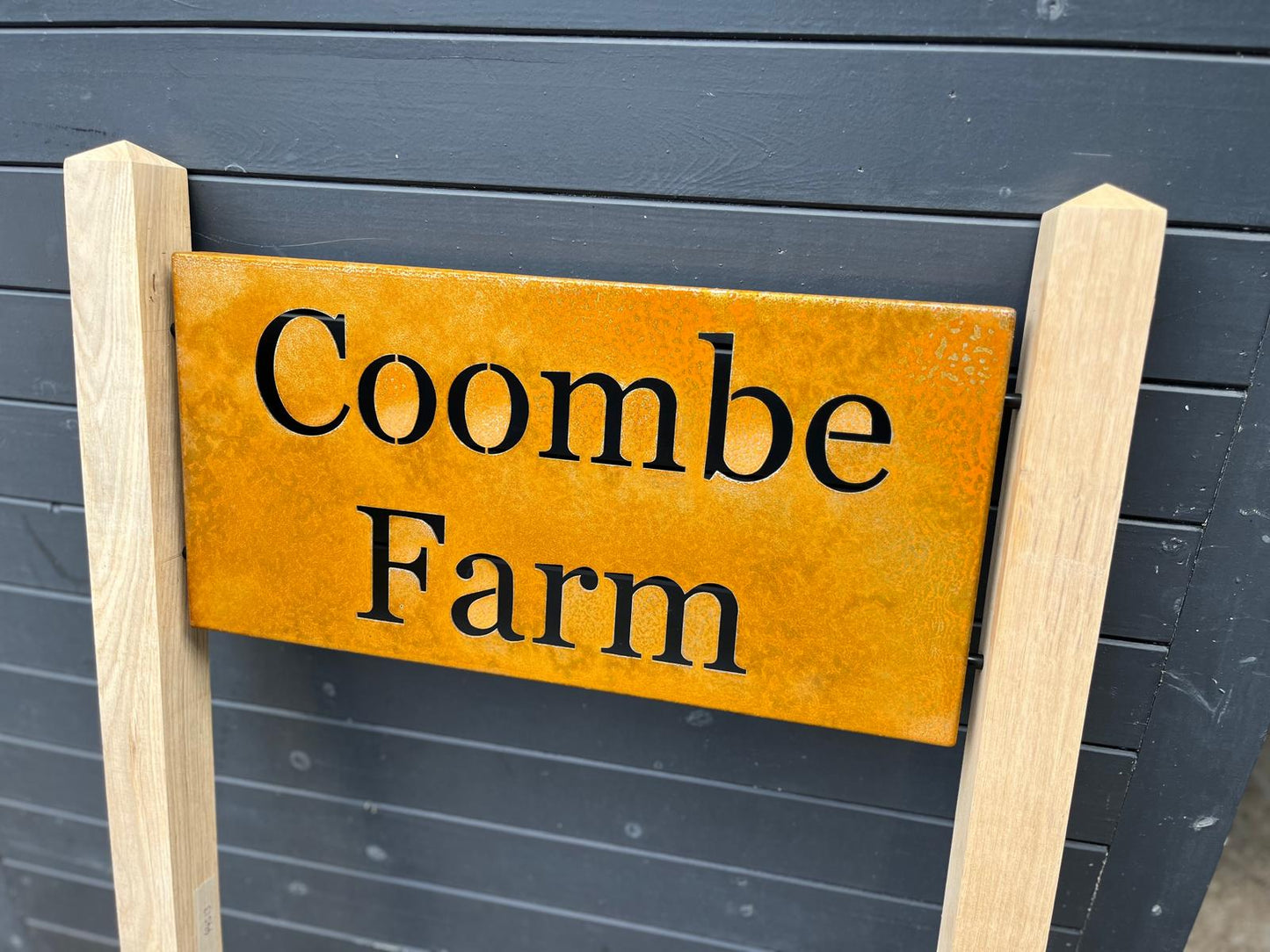 Corten Steel House Address Company Business Name Sign Oak posts Plaque 200mm - 600mm