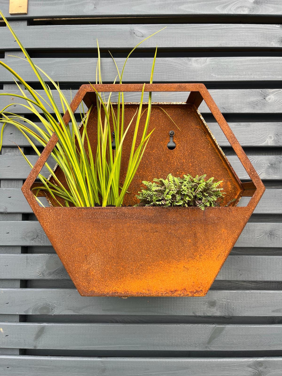 Corten Steel Hexagon Wall Mounted Enclosed Planter 300mm