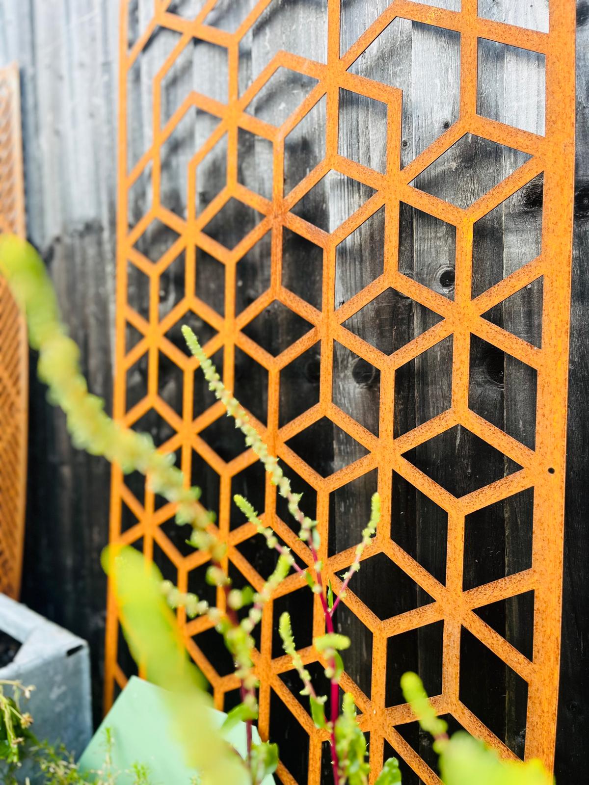 Corten Steel metal Wall Mounted Geohex Hexagon Cube Pattern Decorative Garden Panel Screen Wall Art 1200 - 2400mm