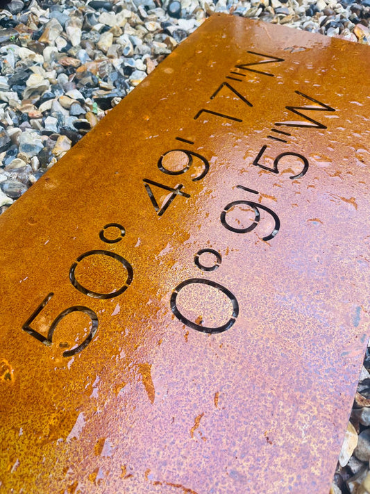 Corten Steel Favourite Special Place Coordinates Name Wall Mounted Sign Plaque 200mm - 600mm
