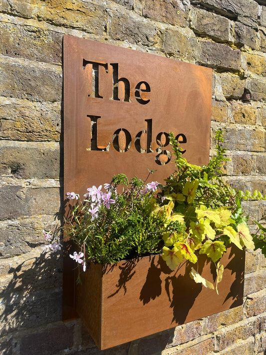 Corten Steel Wall Mounted Personalised Bespoke House Name Number Planter Sign 600mm x 400mm