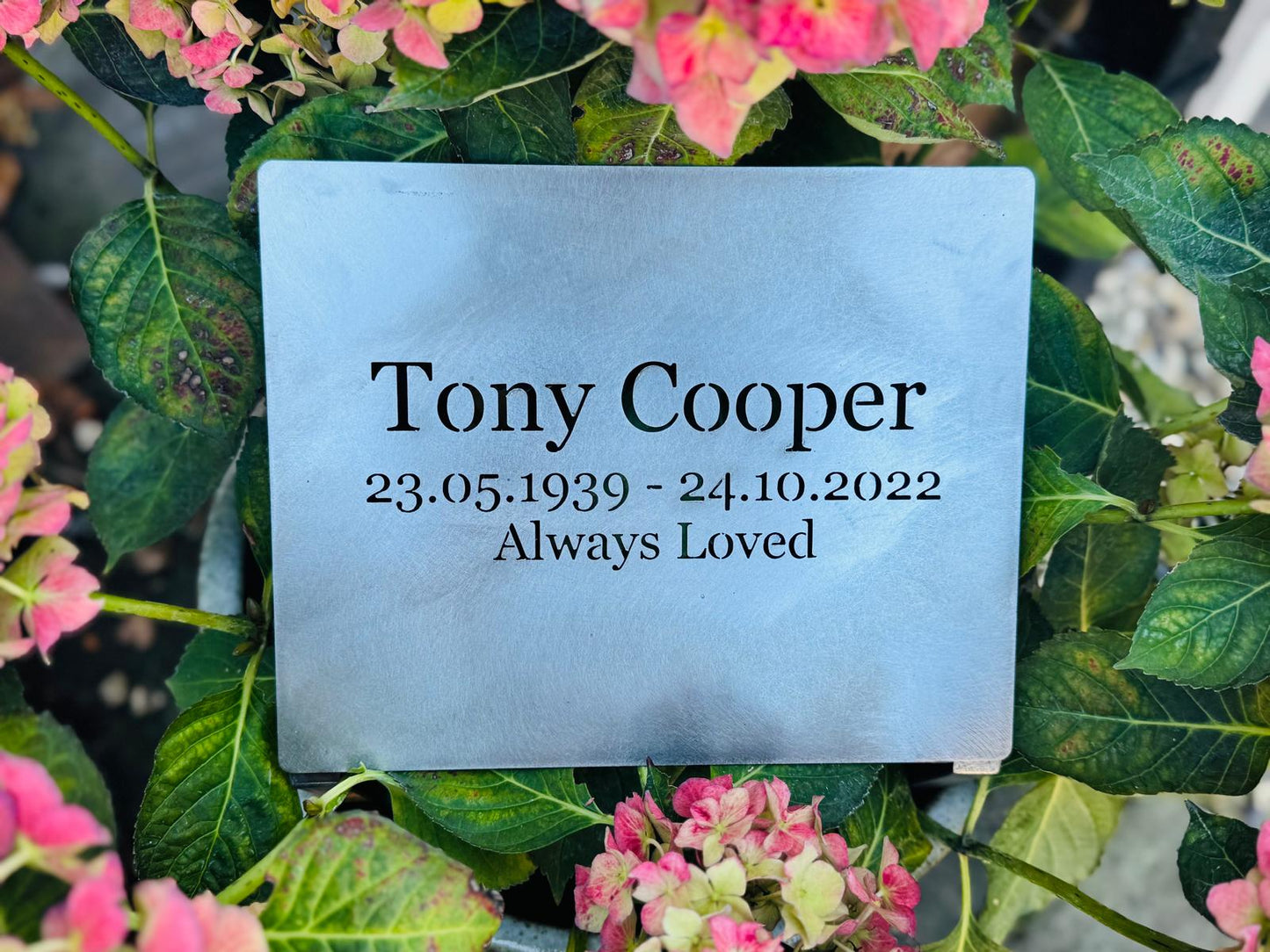Corten Steel angled Memorial Sign Grave Marker Plaque with ground stakes 200 x 250mm bespoke sizes