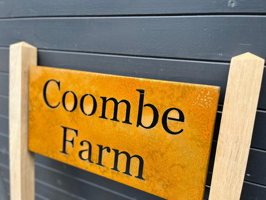 Corten Steel House Address Company Business Name Sign Oak posts Plaque 200mm - 600mm