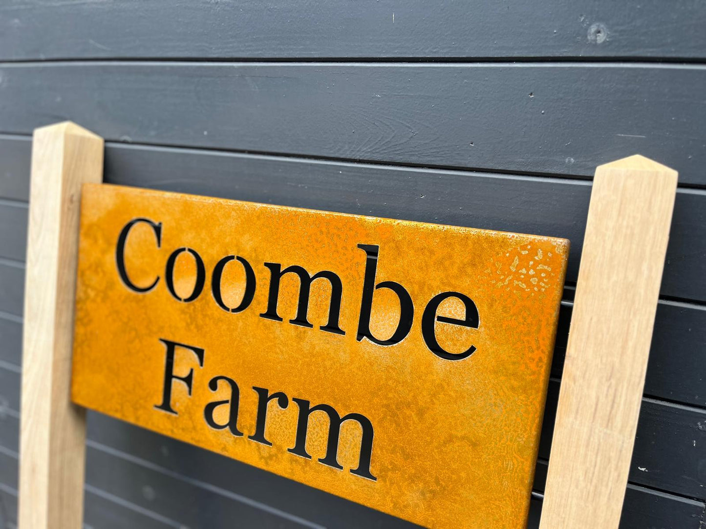 Corten Steel House Address Company Business Name Sign Oak posts Plaque 200mm - 600mm