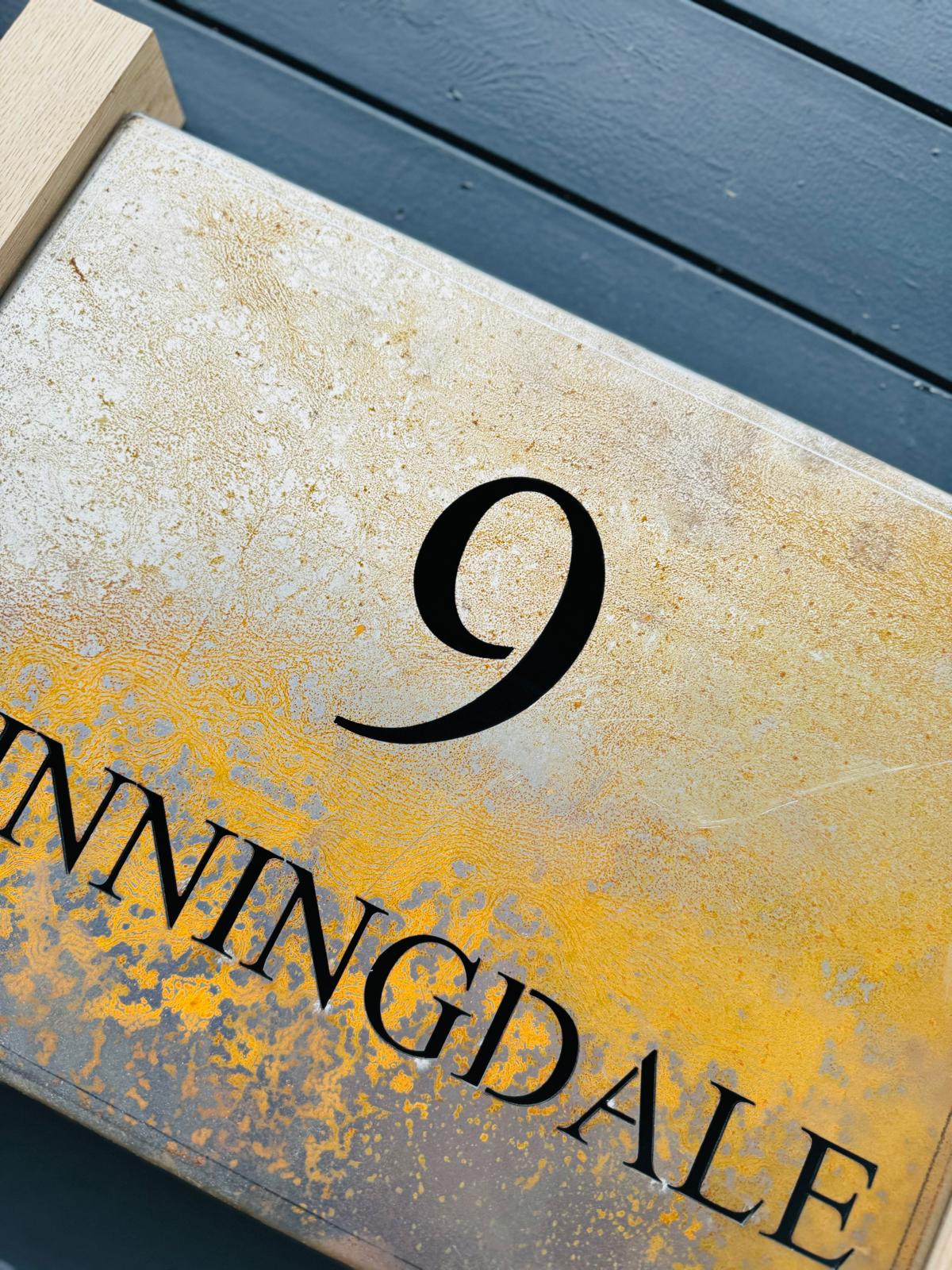 Corten Steel House Address Company Business Name Sign Oak posts Plaque 200mm - 600mm