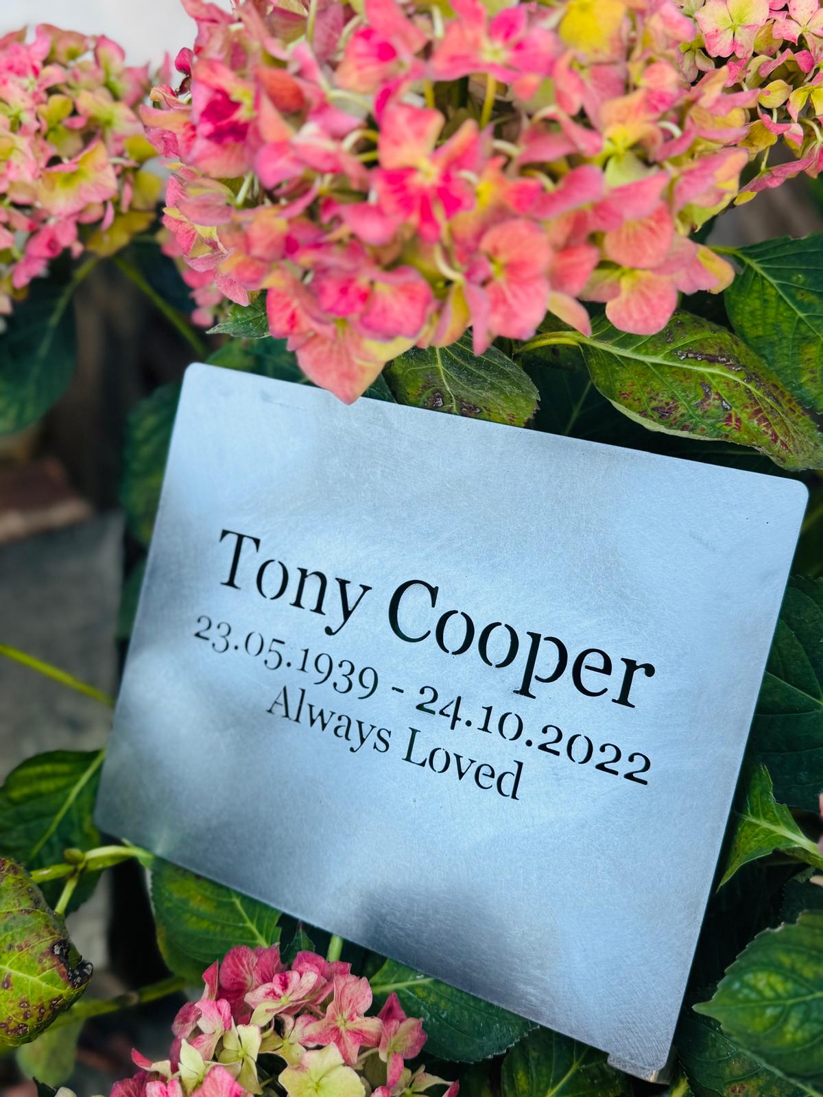 Corten Steel angled Memorial Sign Grave Marker Plaque with ground stakes 200 x 250mm bespoke sizes