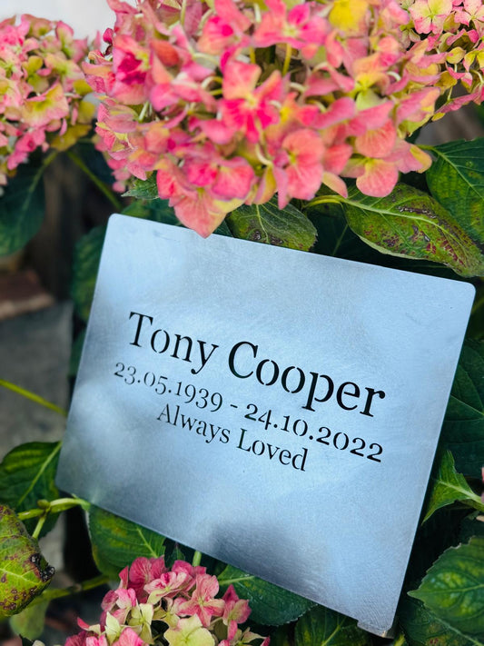 Corten Steel angled Memorial Sign Grave Marker Plaque with ground stakes 200 x 250mm bespoke sizes