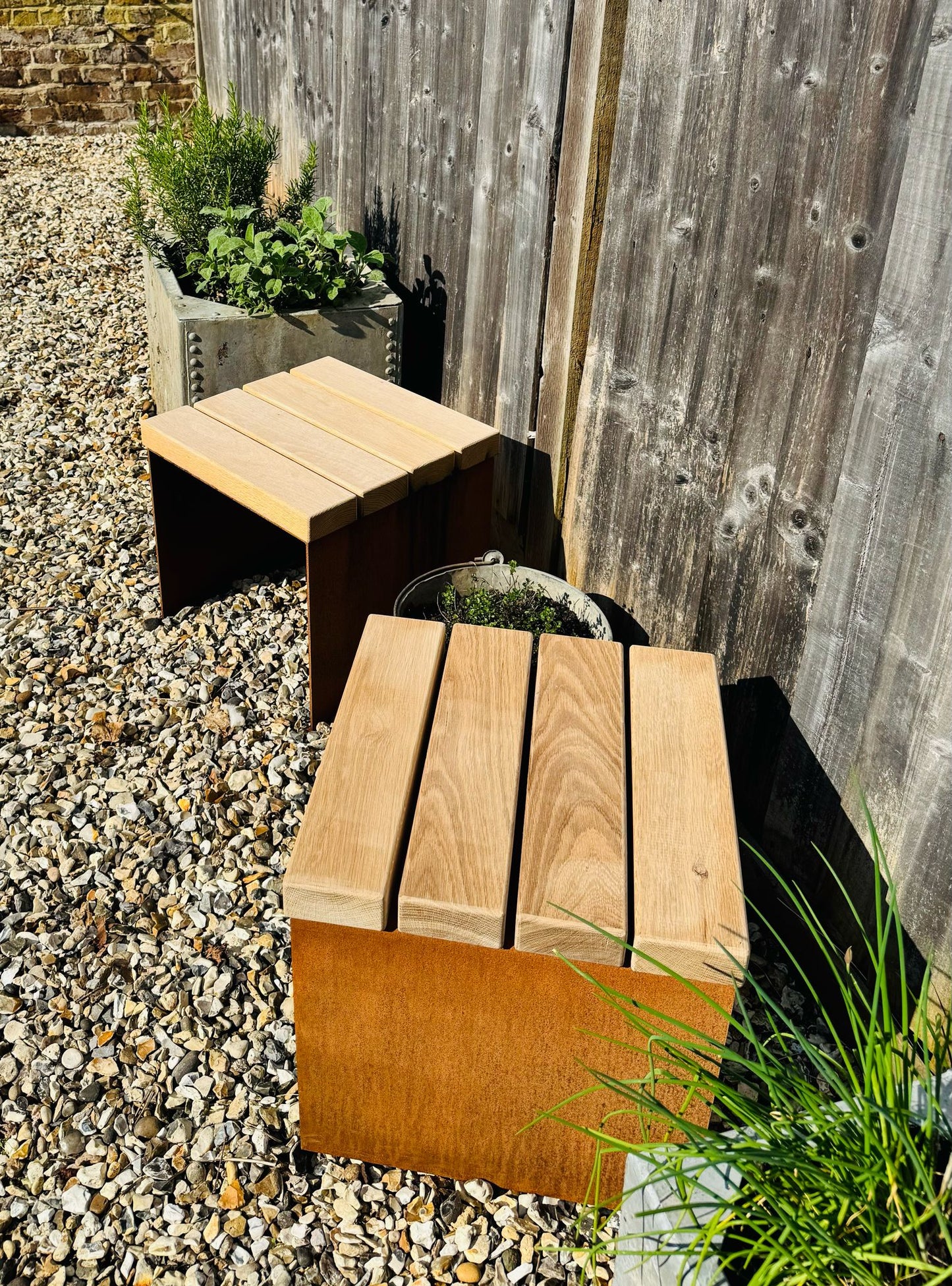 Corten Steel cube garden stools chairs with Oak slats