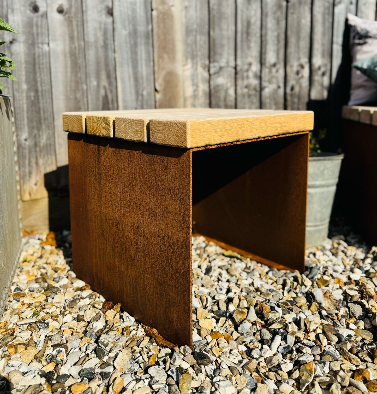 Corten Steel cube garden stools chairs with Oak slats