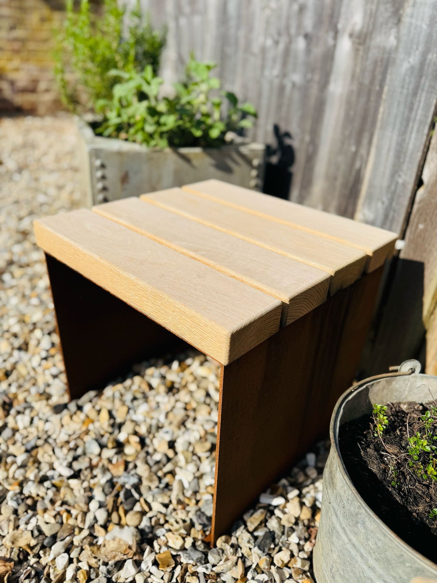 Corten Steel cube garden stools chairs with Oak slats