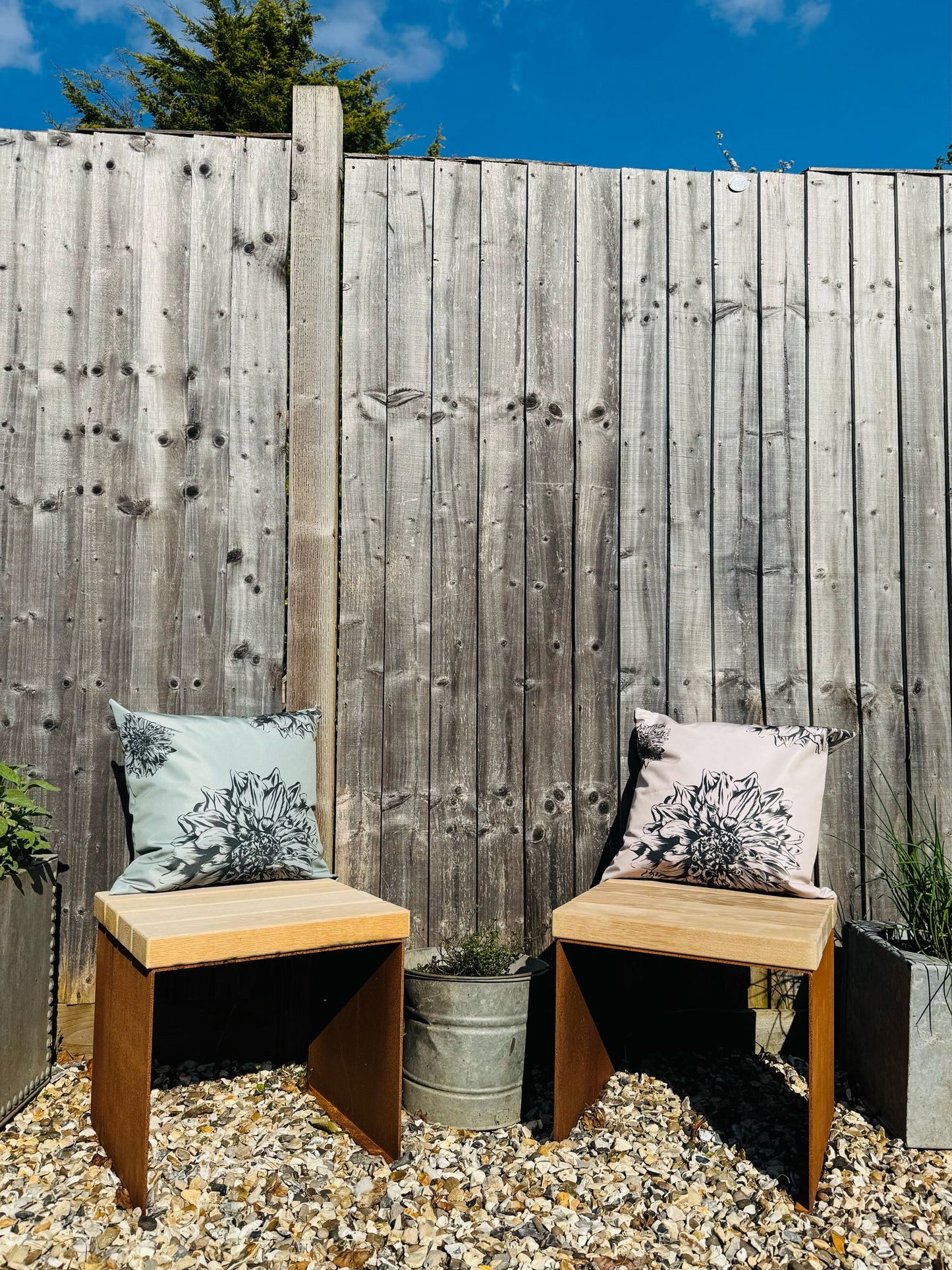 Corten Steel cube garden stools chairs with Oak slats