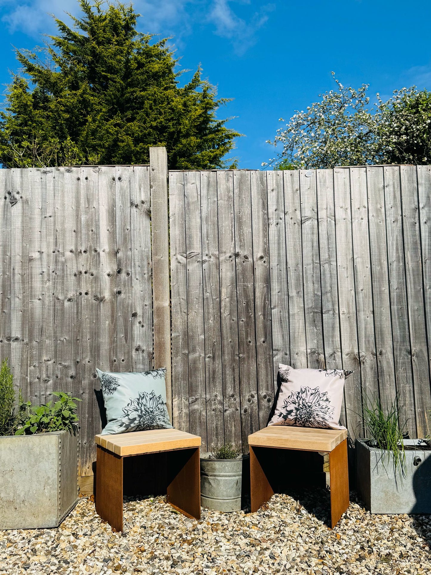 Corten Steel cube garden stools chairs with Oak slats