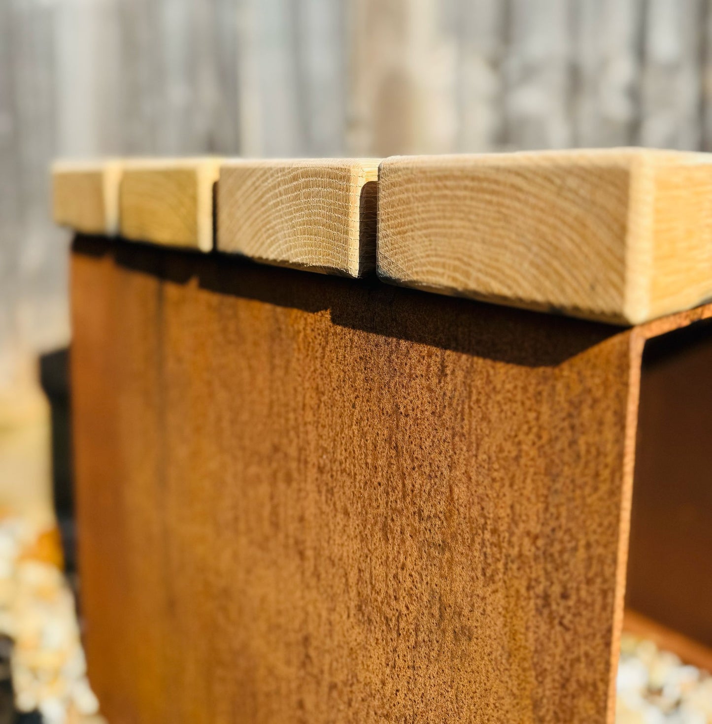 Corten Steel cube garden stools chairs with Oak slats