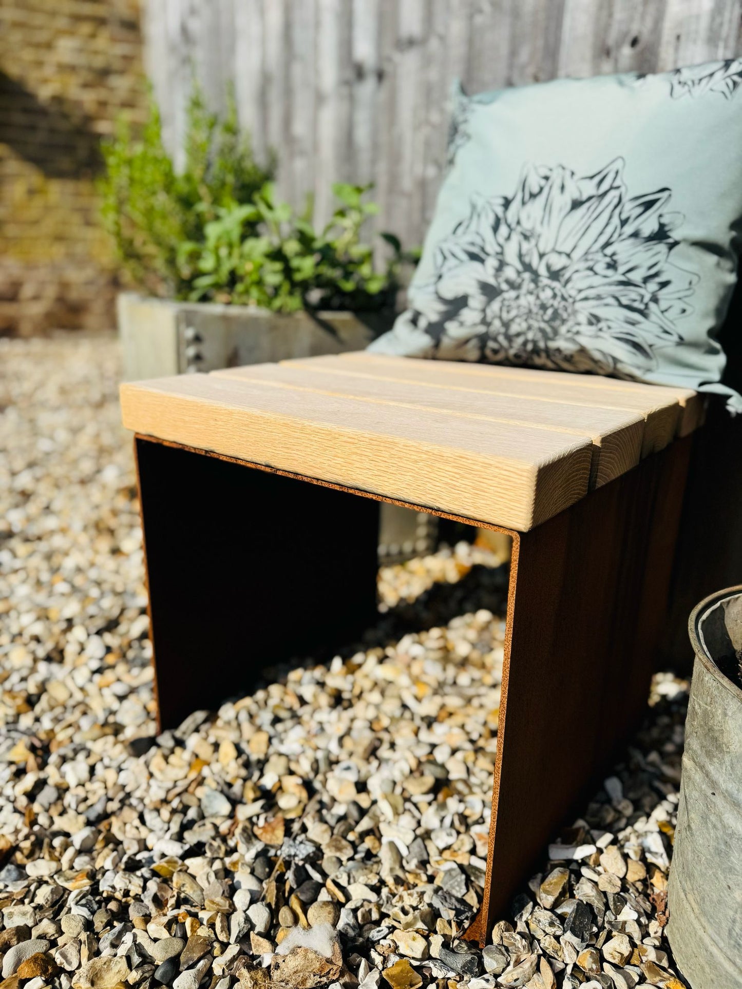 Corten Steel cube garden stools chairs with Oak slats